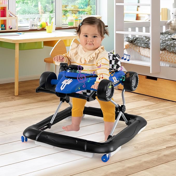 BABY JOY 4-in-1 Baby Walker, Foldable Activity Walker with Push Mode, Adjustable Height, Lights, Anti-Rollover, Baby Walker with Wheels for Boys Girls 6-18 Months (Blue)