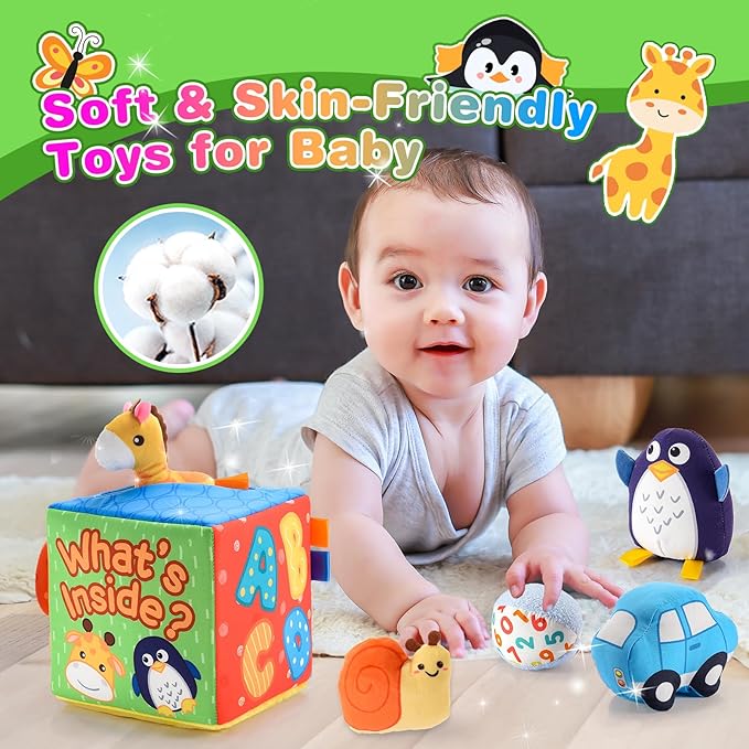 Baby Toys 6-12 Months, Mystery Montessori Sensory Soft Box Toy with 8 Stuffed Animals for 6 7 8 9 10 12 Month Old Babies Girl Boy Gifts Learning Busy Boxes Birthday for Infant & Toddler