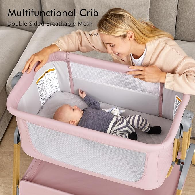 Bassinet Bedside Sleeper, Rocking Bassinets with Comfy Mattress and Wheels for Newborn, 5-Height Adjustable (Pink)
