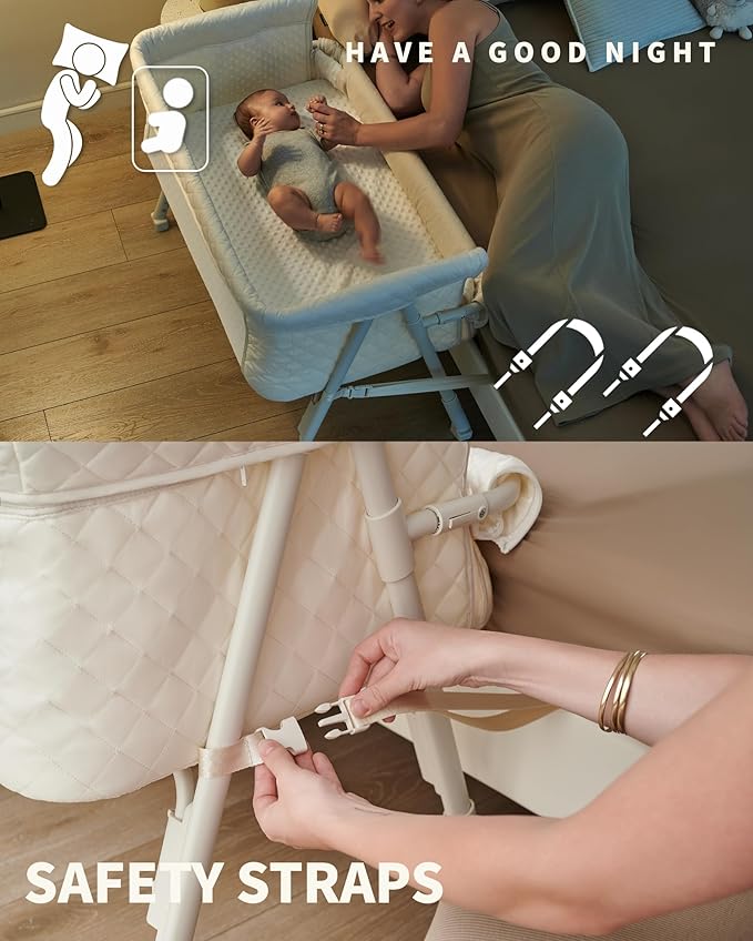 AirClub Bassinet Bedside Sleeper, Baby Crib for Newborn, Baby Bassinets Bedside Sleeper with 4 Auto-Lock & Adjustable Height, Breathable Mesh & Mattress, Bedside Bassinet