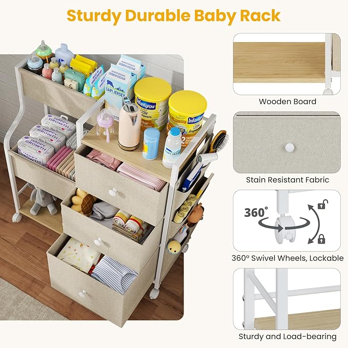 Baby Diaper Caddy, 3 Tier Baby Organizer and Storage Cart with Dividers and Drawers, Mobile Utility Rolling Cart, Newborn Baby Essentials Storage Cart with Wheels for Nursery, Bedroom, Beige