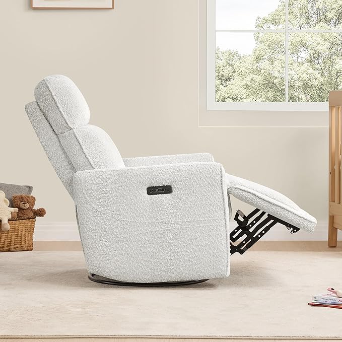 CHITA Electronic Power Recliner Chair Swivel Glider, FSC Certified Modern Nursery Rocking Chair with USB and Type-C Ports, Boucle White