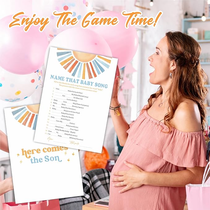 Name That Baby Song Baby Shower Game Kit - Watercolor Retro Sun - 30 Double-Sided Fill In Game Cards For Baby Shower, Gender Reveal Party Favor, Activity & Supplies - B10