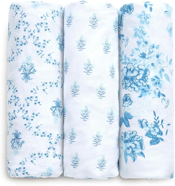 Delta Children Fitted Crib Sheets for Girls and Boys - 100% Organic Cotton Crib Sheet for Standard Crib and Toddler Mattresses - 28x52 Inch - GOTS Certified (Pack of 3), Blue Botanicals