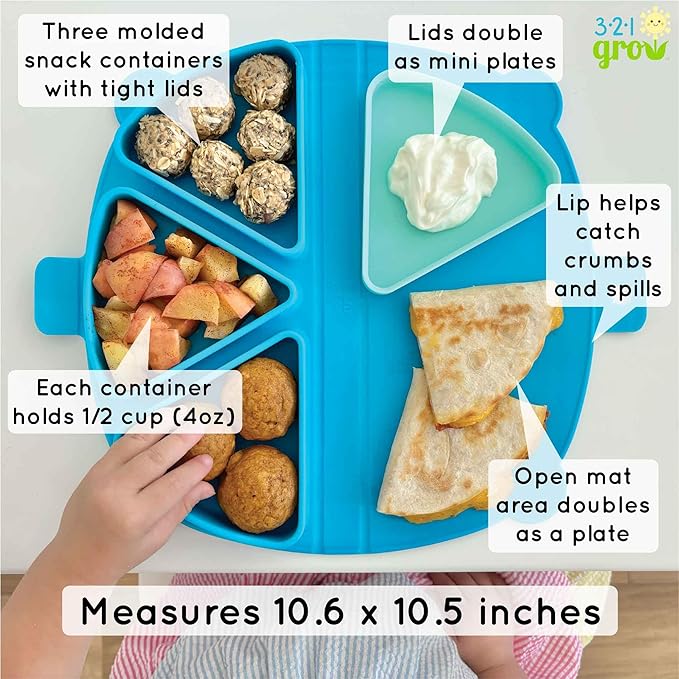 On-The-Go Snack Mat – Baby Silicone Travel Dining Placemat – Portable Silicone Toddler Plate – Reusable Snack Container with 3 Compartments and Lids for 6 Months + (Ocean)