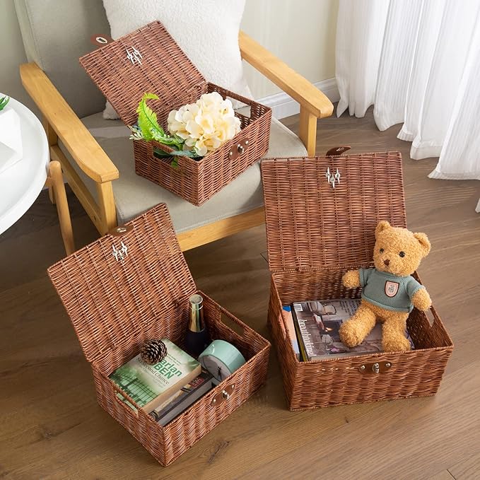 Set of 3 Woven Wicker Storage Basket Box with Lid & Lock, Built-in Carry Handles, Multifunctional Storage Organiser for Nursery, Baby, Clothes, Toys, Books, Large/Medium/Small Size (Natural)