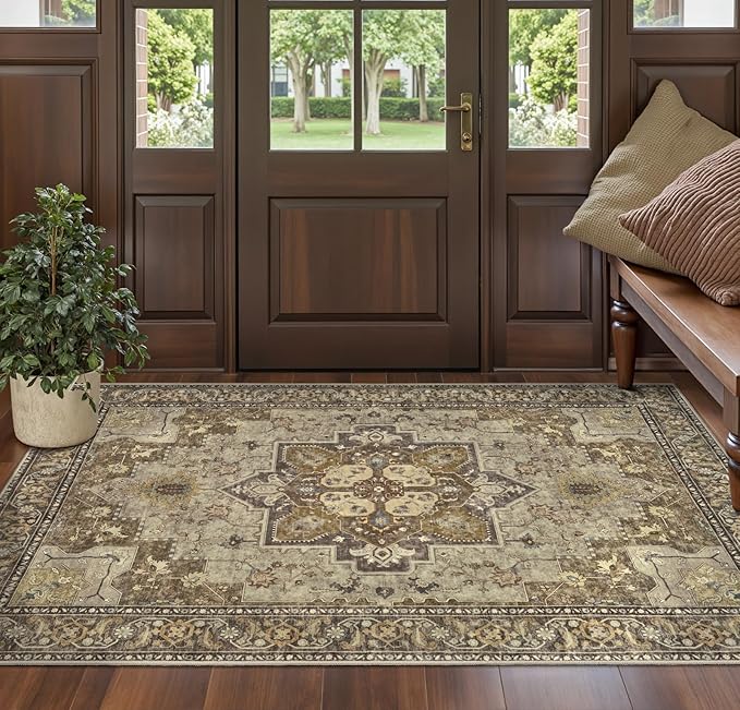 Ciicool Washable Vintage Area Rug, 2x4ft Boho Small Rug, Ultra Soft Rugs for Entryway, Non-Slip Entry Rugs Oriental Low-Pile Indoor Mat Floor Carpet for Entrance Bedroom Kitchen Bathroom Foyer Decor