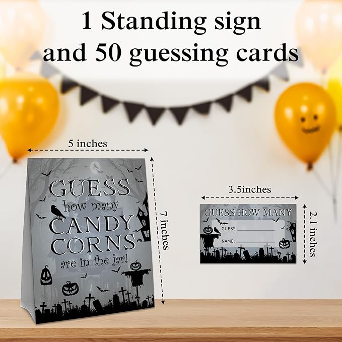 Halloween How Many Candy Corns Are In The Jar - 1 Standing Sign & 50 Guessing Cards - Halloween Haunted House Party Game & Decoration For Boys, Girls, Adults - Baby Shower, Birthday Game Set - A04