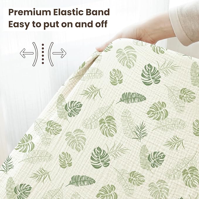 Konssy Muslin Crib Sheets for Boys, Soft Cotton Neutral Baby Sheets for Standard Crib Mattress 2 Pack, 52"x28" (Palm Paradise,Sage)
