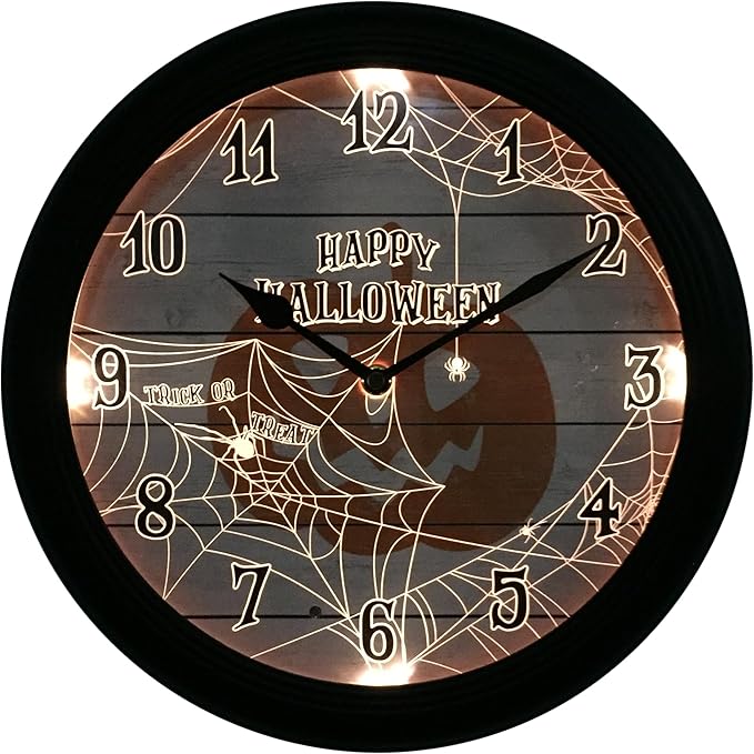 Evelyne Product Image LED Round Wall Clock - 12.5" Happy Halloween Pumpkin Style Dial, Battery Operated, Night-time Sensor - Easy-to-Read Analog for Bedroom, Office & Living Room