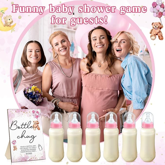 Roowest Bottle Chug Baby Shower Game Favors 12 Pcs Baby Bottles Shower Favor with 1 Wooden Sign for Gender Reveal Party Supplies Gifts(Lovely Bear)