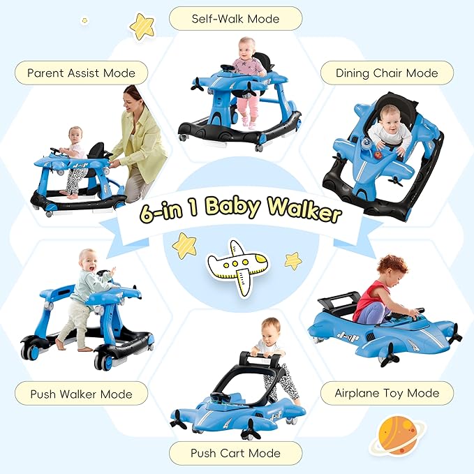 Xilingol 6-in-1 Baby Walker with Wheels, Adjustable Height & Speed Activity Walker with Padded Seat, Foldable Walker for Babies, Toddler Push Walkers for Boy & Girl 6-18 Months, Music & Light