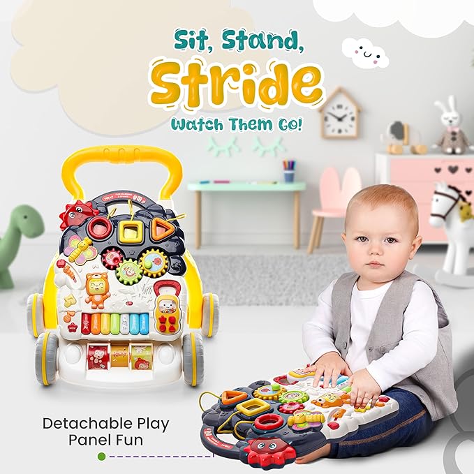 YOLAY Baby Walker Push with Wheels, Sit-to-Stand Walker for Baby Boy and Girl 6-12 Months with Detachable Play Panel, Stable Handle, Early Learning Activity for Kids - Yellow