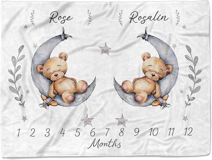 MDPrints Personalized Twin Milestone Blanket, Custom Monthly Baby Blankets with Name for Boys and Girls, 30x40 & 50x60inch Soft Plush Fleece (Teddy)