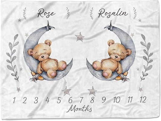 MDPrints Personalized Twin Milestone Blanket, Custom Monthly Baby Blankets with Name for Boys and Girls, 30x40 & 50x60inch Soft Plush Fleece (Teddy)