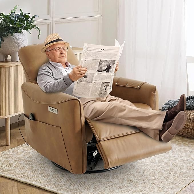 Swivel Glider Rocking Recliner, Power Recliner Chairs with Massage & Lumbar Support, Upholstered Faux Leather Reclining Sofa Chair for Living Room & Nursery (Brown)