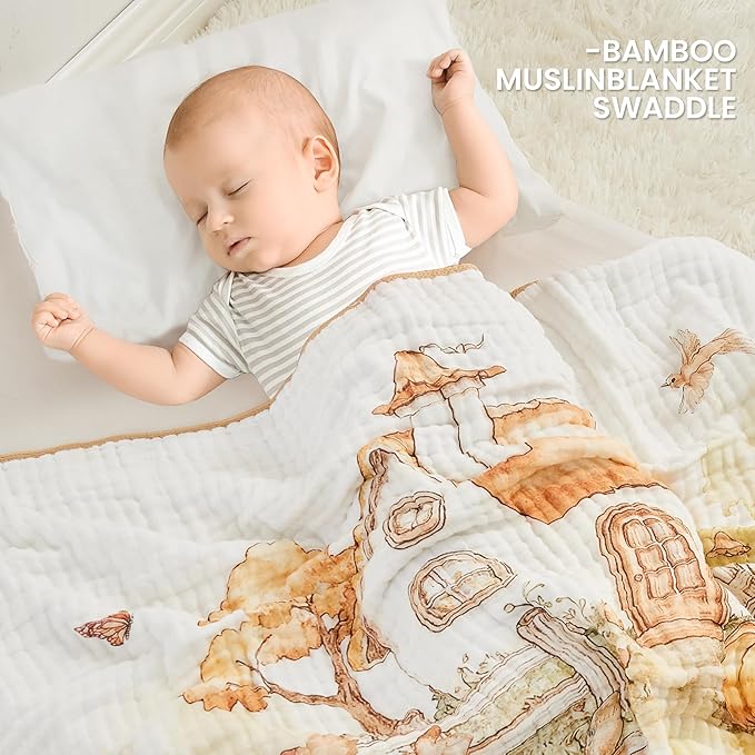 Luxury Muslin Baby Blanket, Cozy Swaddle, 6-Layer Cotton Receiving Blanket for Newborn Infant, 43x43 Inch Lightweight Breathable Crib Blanket, Nursery Stroller Toddler Quilt, Rabbits
