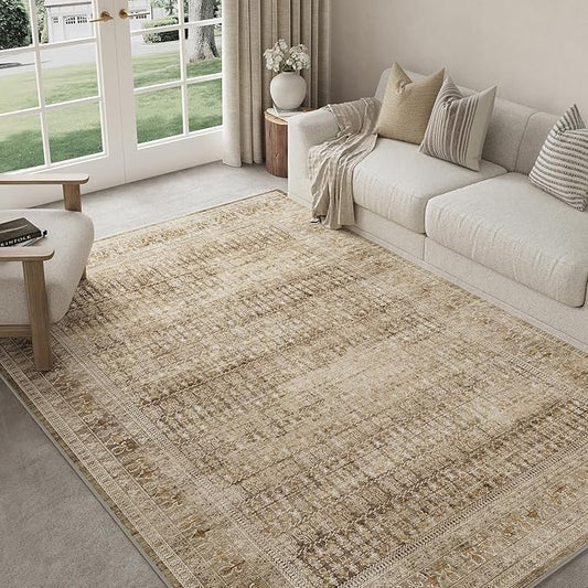 Brown 5x7 Area Rug for Living Room Washable Vintage Distressed Large Carpet Bedroom Low Pile Non Slip Indoor Soft Retro Throw Accent Rug Office Kitchen Bathroom Dining Room