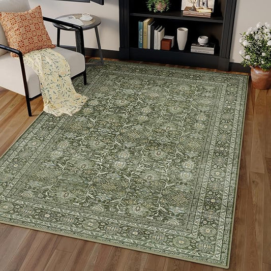 Vintage Area Rug 3x5 Green Entryway Office Washable Carpet Non Slip Bedroom Indoor Living Room Door Mat Low Pile Traditional Distressed Retro Accent Rug for Dining Room Bathroom Kitchen
