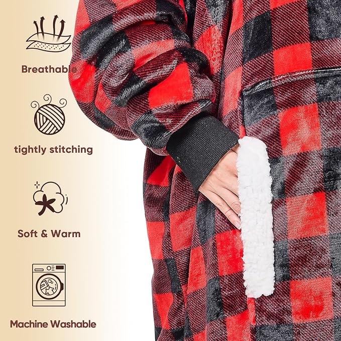 yescool Wearable Blanket Hoodie, Flannel Sherpa Fleece Blanket Sweatshirt for Adults Women Men, Big Plush Cozy Hooded Blanket with Hood, Pocket & Sleeves, Large, One Size Fits All (Red Checkered)