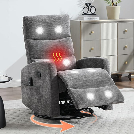 Manual Swivel Rocker Recliner Chair with Massage, Overstuffed Recliner Glider with Vibration Massage and Heat for Nursery, Living Room Reclining Sofa Chair, Fabric Dark Gray