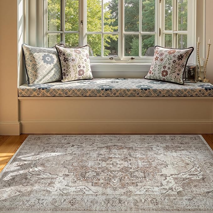 jinchan Area Rug 4x6 Washable Rug Kitchen Floor Cover Traditional Mat Foldable Thin Carpet Taupe Multi Distressed Floral Print Indoor Mat for Bathroom Bedroom Living Room Dining Room