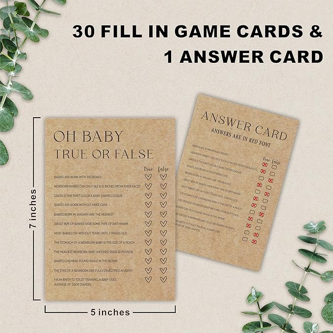 True Or False Baby Shower Game Kit - Set Of 30 Minimalism Brown Game Cards With 1 Answer Card For baby Boy Girl, Baby Announcements, Gender Reveal Games, Party Favors And Supplies-B08
