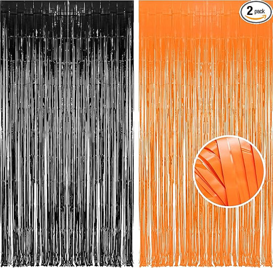 BRAVESHINE 1 Black 1 Orange Tinsel Photo Backdrop Curtains - 3.2x8.2ft Foil Fringe Streamer Curtain for Birthdays, Halloweens, Graduations, Pumpkin, Home, Indoor or Outdoor Party Supplies Decorations