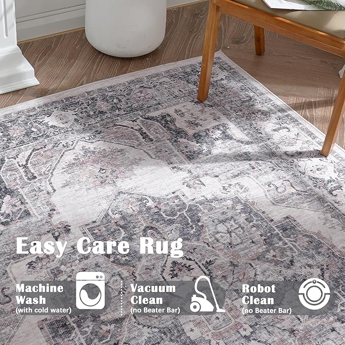 jinchan Area Rug 4x6 Washable Vintage Rug Floor Cover Traditional Thin Grey Multi Distressed Floral Print Indoor Mat for Bedroom Living Room Kitchen Dining Room