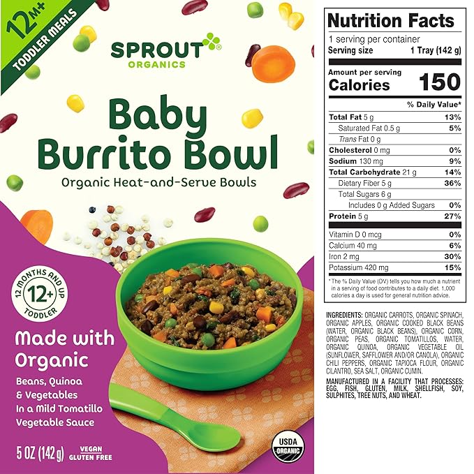 Sprout Organic Baby Food, Toddler Meals, Veggie Burrito Bowl with Beans & Quinoa, 5 Oz Bowl (8 Count)