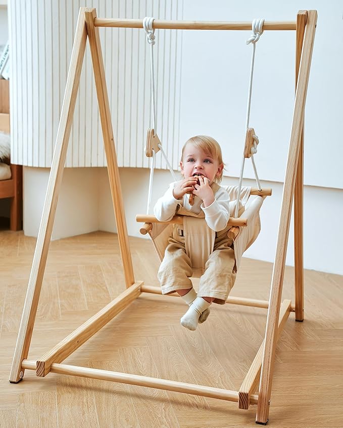 Avenlur Spruce Baby and Toddler Foldable Swing Set with Stand - Premium Montessori, Waldorf Style Self-Standing Indoor Swingset for Children 6m to 3 Yrs - Perfect for Home, Child Day Care, & Preschool