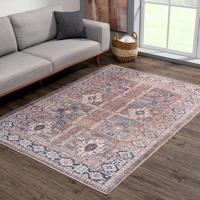 Bloom Rugs Washable 9' x 12' Rug - Brown/Blue/Orange Traditional Area Rug for Living Room, Bedroom, Dining Room, and Kitchen - Exact Size: 9' x 12'