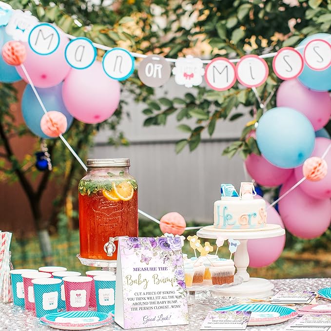 Measure the Baby Bump Baby Shower Game Set, 1 Standing Sign with 50 Guessing Cards, Butterfly Gender Reveal Party Decorations Supplies - B03