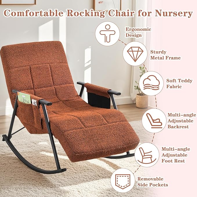 VECELO High Back Nursery Rocking Chair with Foot Rest, Teddy Upholstered Reclining Glider Rocker, Comfy Armchair Padded Seat Removable Side Pockets for Living Room, Bedroom, Balcony