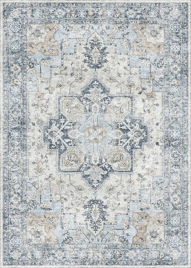 GENIMO 9x12 Area Rugs for Living Room, Machine Washable Non Slip Vintage Rugs, Low Pile Lightweight Chenille Print Rug for Bedroom, Dining Room, Home Office, Blue