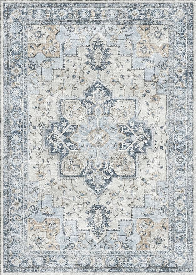 GENIMO 5x7 Area Rugs for Living Room, Machine Washable Rug, Non Slip Vintage Rugs, Low Pile Lightweight Chenille Print Indoor Rug for Bedroom, Dining Room, Home Office, Blue