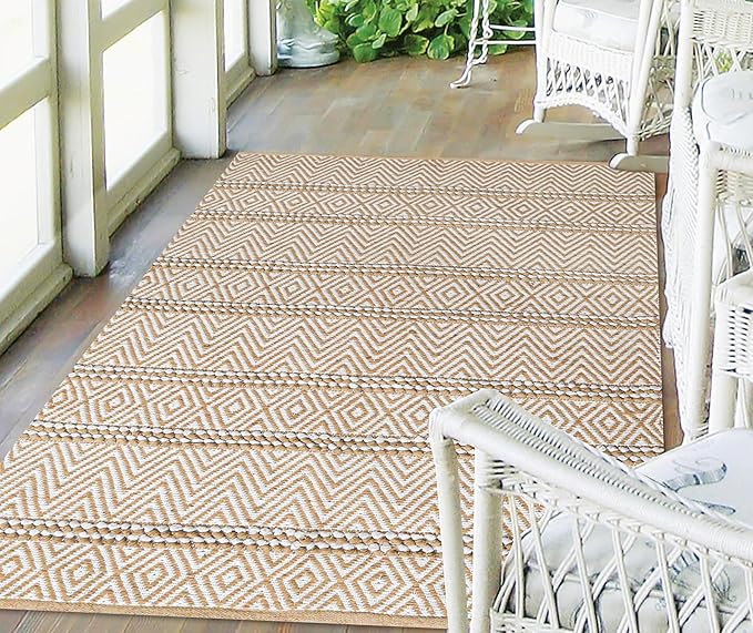 Natural Jute Cotton Area Rug 5x7 FT - Machine Washable, Neutral Ivory, Durable Eco-Friendly Farmhouse Living Room Bedroom Carpet - 70% Jute 30% Cotton Textured Stripe Entryway Rug