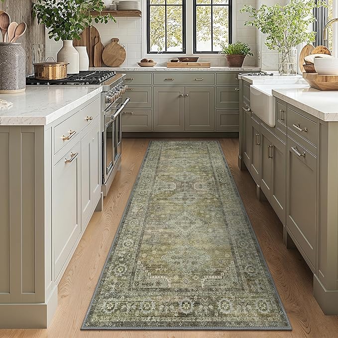 GENIMO Runner Rug 2x4 Non Slip Machine Washable Vintage Hallway Runner Rugs, Low Pile Lightweight Mat for Living Room, Entryway, Bedroom, Kitchen and Corridor, Distressed Sage