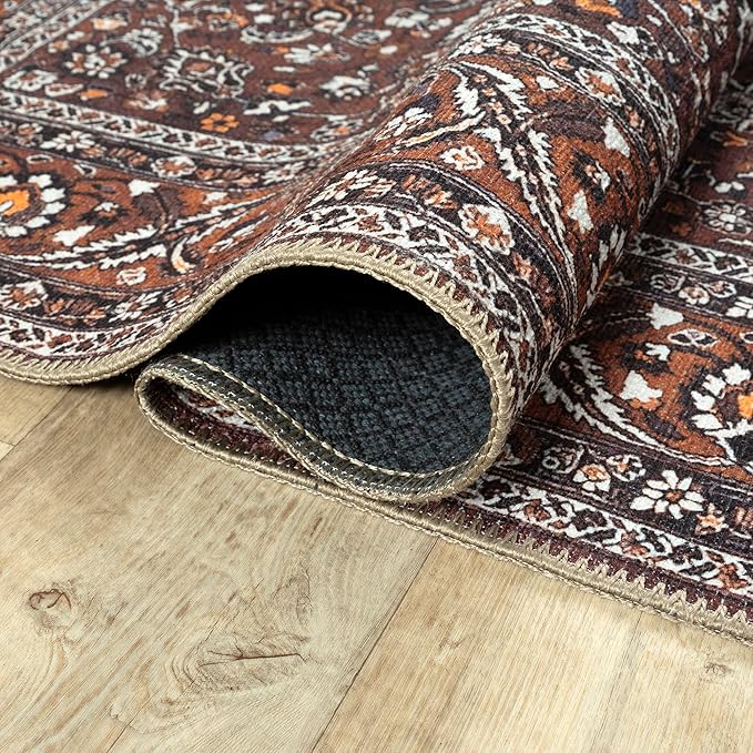Bloom Rugs Washable Non-Slip 9' x 12' Rug - Dark Brown/Orange Traditional Bordered Area Rug for Living Room, Bedroom, Dining Room, and Kitchen - Exact Size: 9' x 12'