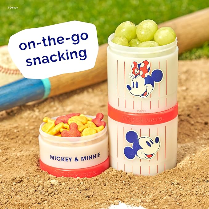 Whiskware Disney Mickey Mouse and Friends Stackable Snack Containers for Babies, Toddlers, and Kids, 3 Stackable Snack Cups for School and Travel, Cupholder Friendly, Mickey and Minnie! Baseball!