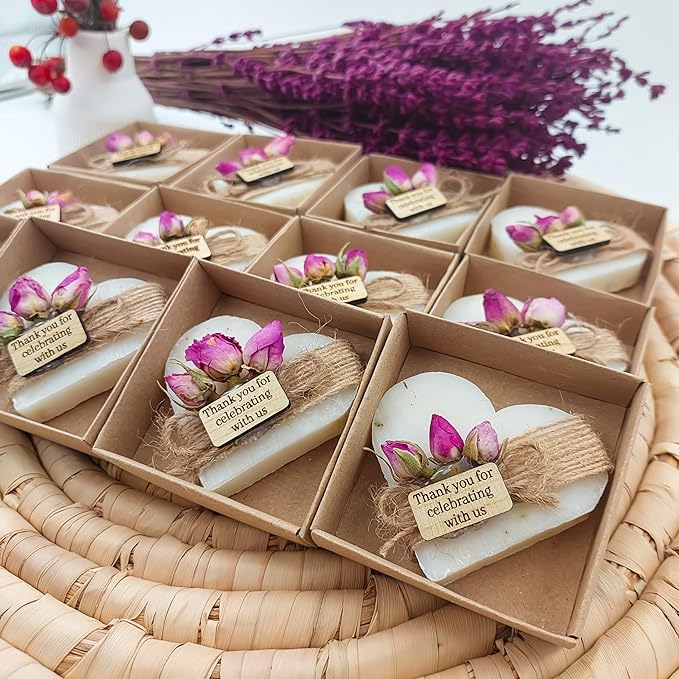 Heart Shaped Soaps 12-Pack, Handmade Scented Mini Soaps for Bridal Shower Party Favors, Tea Party, Wedding, Baby Shower & Engagement Gifts for Guests, Thanks You for Celebrating with Us Wooden Tag