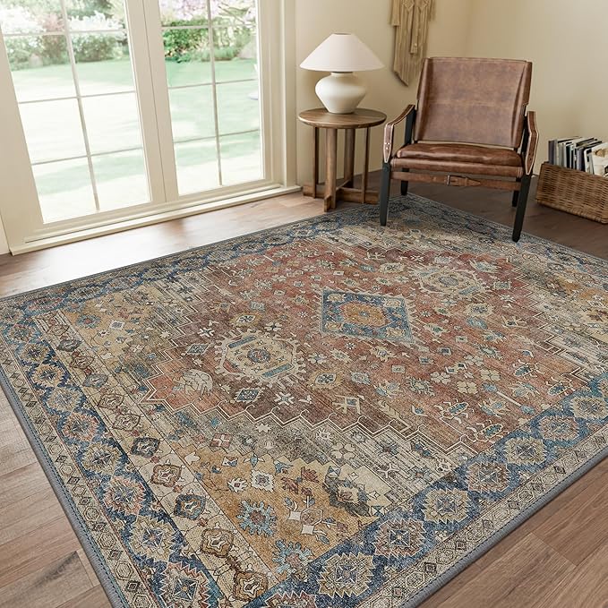 GENIMO 9x12 Area Rugs for Living Room, Machine Washable Non Slip Vintage Rugs, Low Pile Lightweight Chenille Print Rug for Bedroom, Dining Room, Home Office, Antique Red