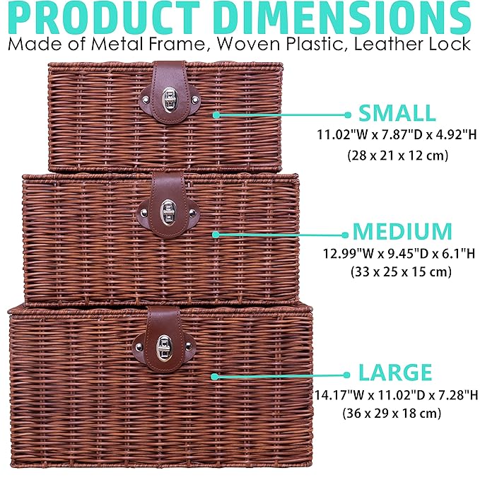 Set of 3 Woven Wicker Storage Basket Box with Lid & Lock, Built-in Carry Handles, Multifunctional Storage Organiser for Nursery, Baby, Clothes, Toys, Books, Large/Medium/Small Size (Natural)