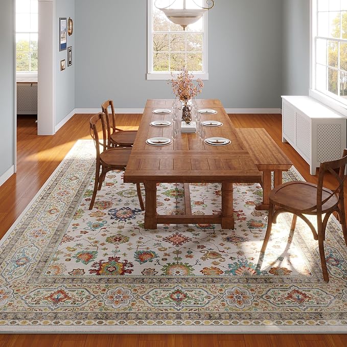 Living Room Rug 6x9 Rug Machine Washable Boho Area Rug Non Slip Vintage Low Pile Large Rug for Living Room, Bedroom, Farmhouse, Dining Room, Kids Playroom (Colorful)