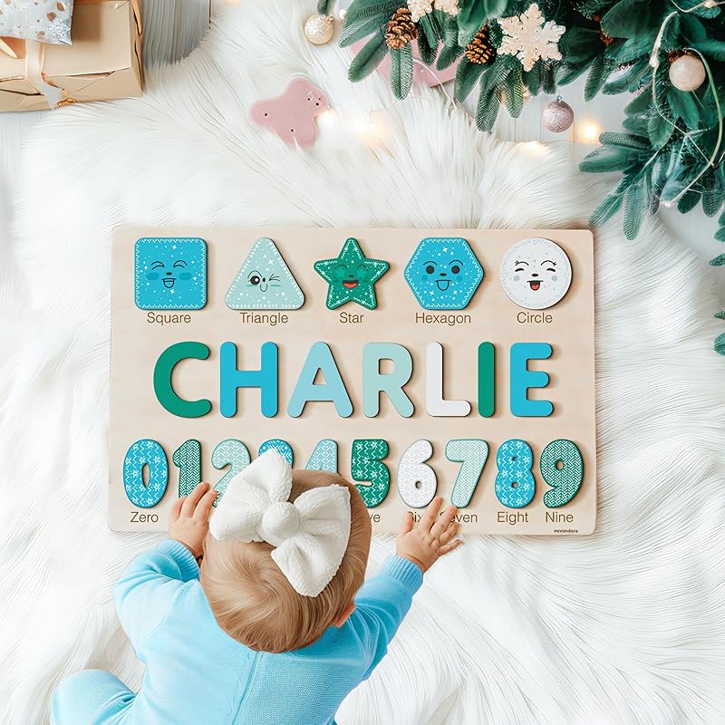 Personalized Wooden Name Puzzle with Numbers and Shapes, Custom Gift for Baby, 1st Christmas Gift, Newborn Gift, Baby Shower, 1st Birthday, Educational Toys for Toddlers, Preschool Puzzle for Kids