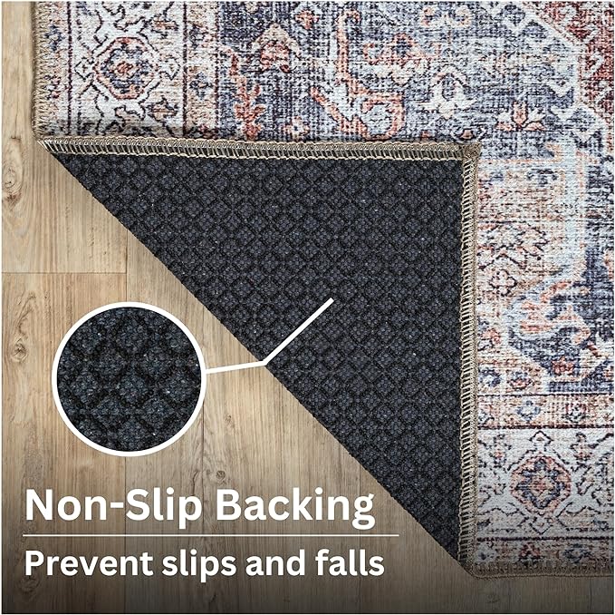 Bloom Rugs Washable Non-Slip 6' x 9' Rug - Red/Blue Traditional Medallion Area Rug for Living Room, Bedroom, Dining Room, and Kitchen - Exact Size: 6' x 9'