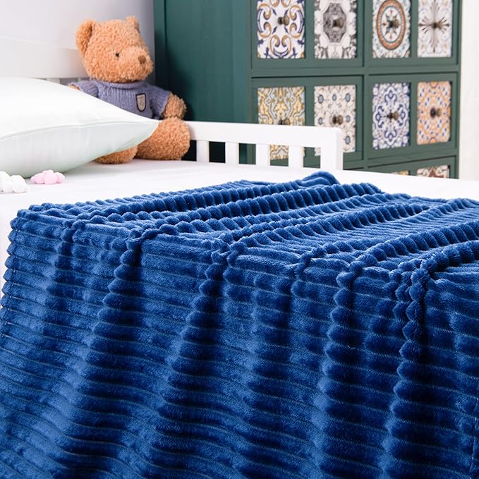 NTBAY Plush Flannel Oversized Baby Blanket, 50X60 Inches Soft and Warm Toddler Blanket with Striped Texture Nursery Bed Blanket for Stroller, Crib, Travel, Baby Gift, 50"x60", Navy Blue