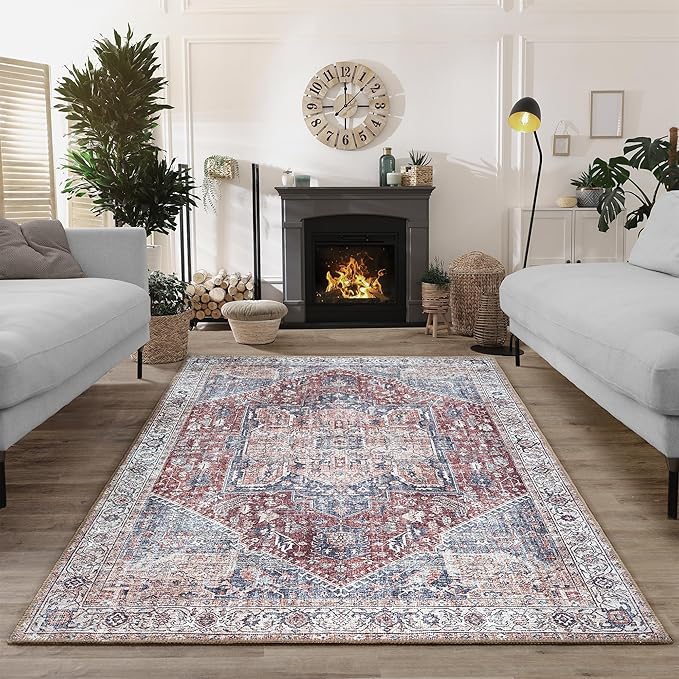 Bloom Rugs Washable Non-Slip 6' x 9' Rug - Red/Blue Traditional Medallion Area Rug for Living Room, Bedroom, Dining Room, and Kitchen - Exact Size: 6' x 9'