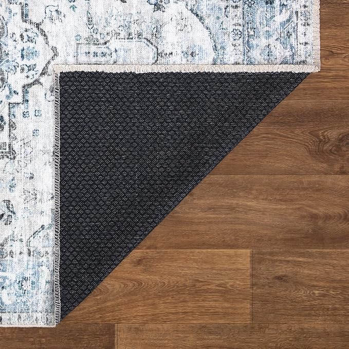 Bloom Rugs Caria Washable Non-Slip 12 ft Runner - Ivory/Blue/Gray Traditional Runner for Entryway, Hallway, Bathroom, and Kitchen - Exact Size: 2'6" x 12'