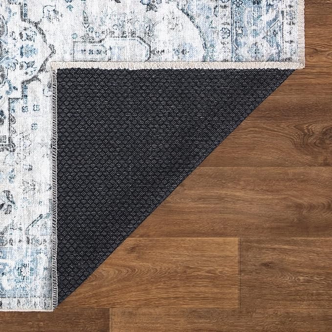 Bloom Rugs Caria Washable Non-Slip 10 ft Runner - Ivory/Blue/Gray Traditional Runner for Entryway, Hallway, Bathroom, and Kitchen - Exact Size: 2'6" x 10'